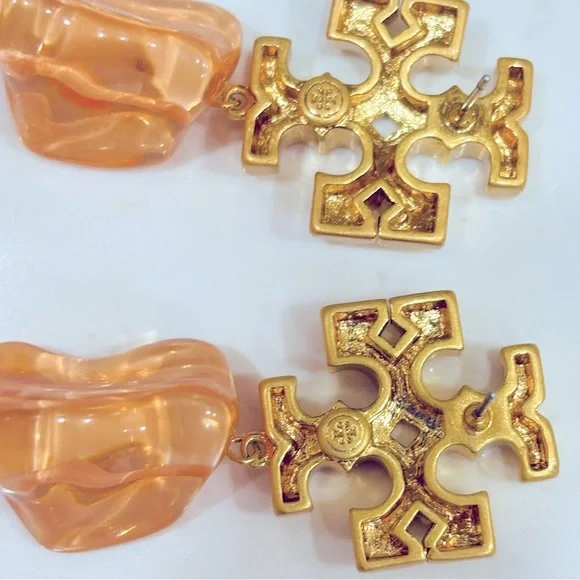 Tory Burch ROXANNE gold logo + orange ice cube drop & dangle statement earrings - Picture 8 of 12